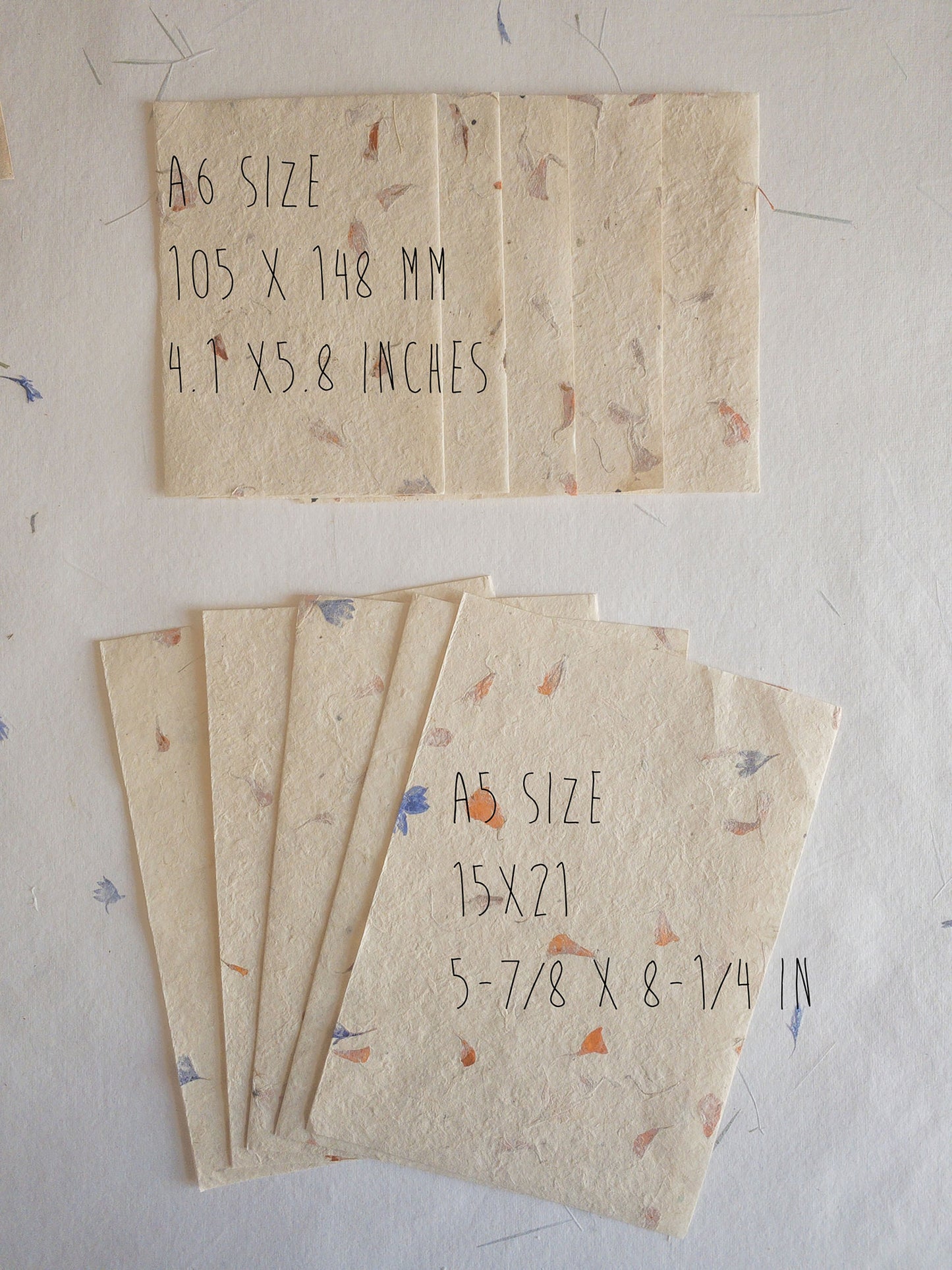 SET OF FIVE Handmade Deckle Paper with Envelop, real pressed flower A5 & A6 paper, Invitation Paper, inkjet paper, Papier Fait Main