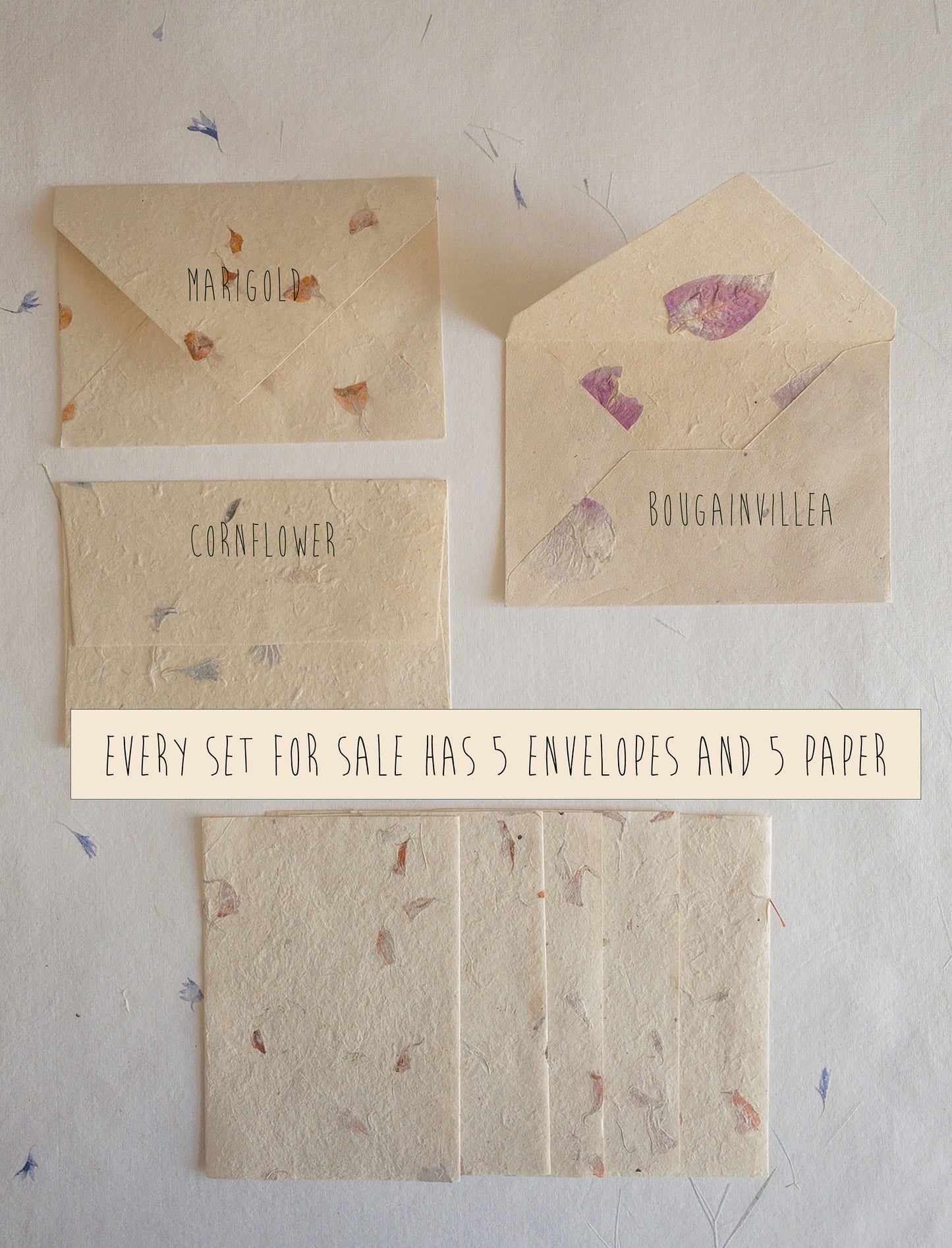 SET OF FIVE Handmade Deckle Paper with Envelop, real pressed flower A5 & A6 paper, Invitation Paper, inkjet paper, Papier Fait Main