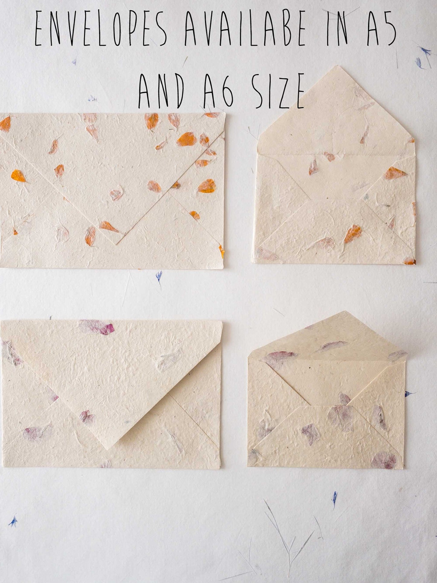 SET OF FIVE Handmade Deckle Paper with Envelop, real pressed flower A5 & A6 paper, Invitation Paper, inkjet paper, Papier Fait Main