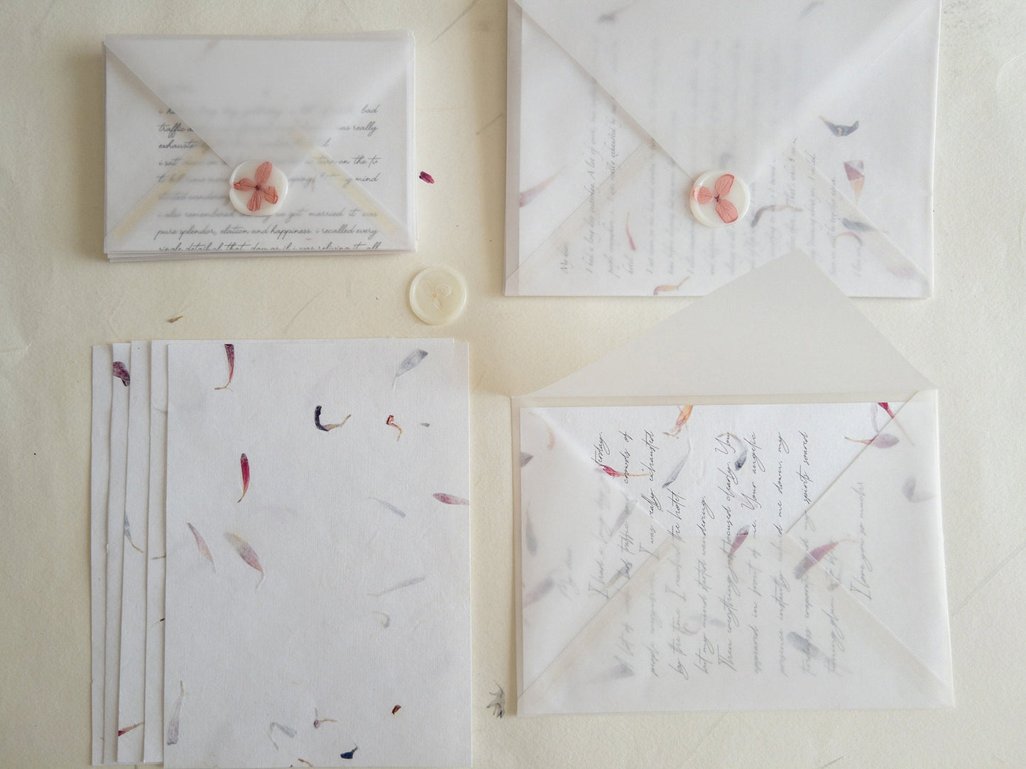 SET OF FIVE, Vellum Envelopes with Handmade Paper,AsterFlower, real pressed flower A5 & A6, Invitation Paper, inkjet paper,Papier Fait Main