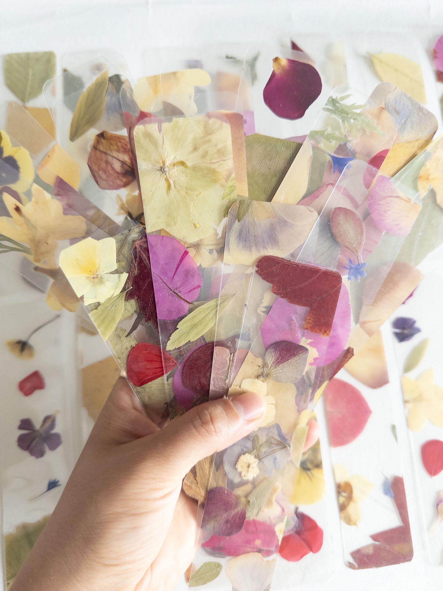 Close-up of a transparent bookmark with intricate pressed flowers - showcasing the detailed craftsmanship and natural beauty
