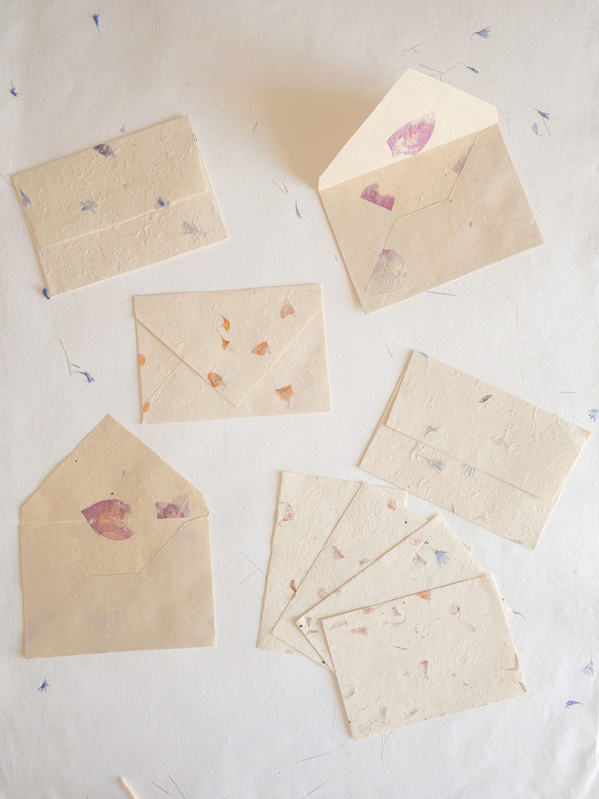 SET OF FIVE Handmade Deckle Paper with Envelop, real pressed flower A5 & A6 paper, Invitation Paper, inkjet paper, Papier Fait Main