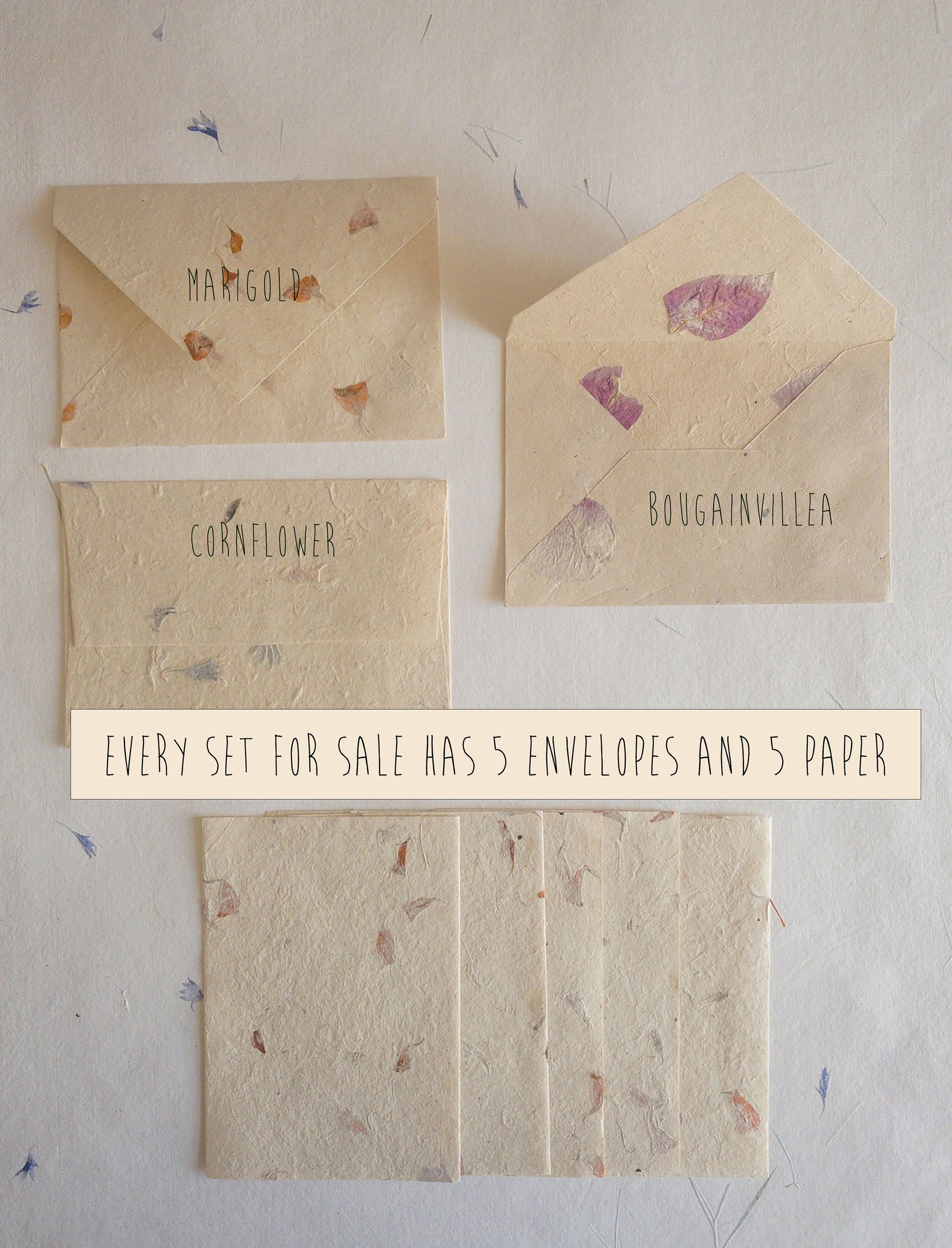 SET OF FIVE Handmade Deckle Paper with Envelop, real pressed flower A5 & A6 paper, Invitation Paper, inkjet paper, Papier Fait Main