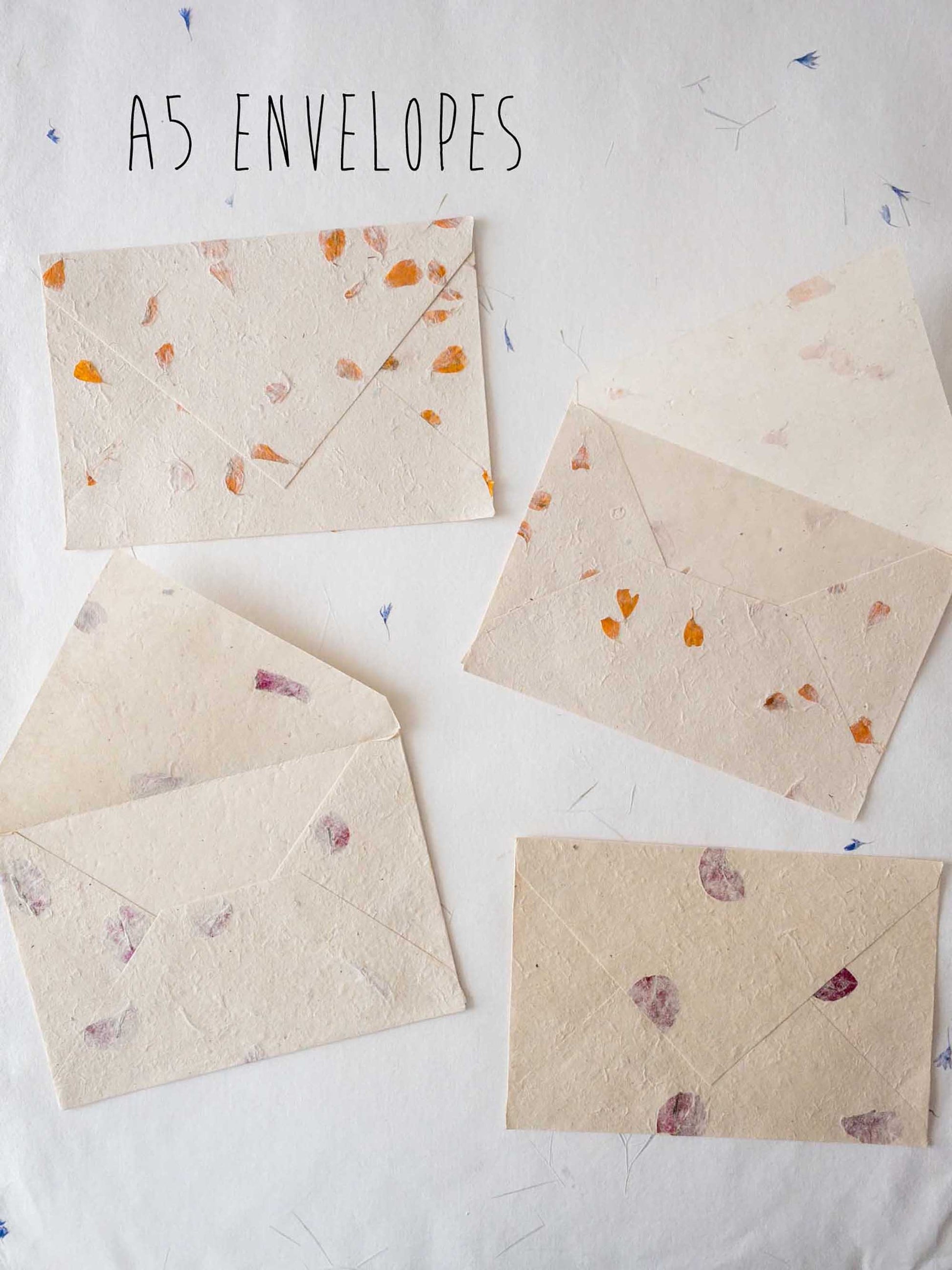 SET OF FIVE Handmade Deckle Paper with Envelop, real pressed flower A5 & A6 paper, Invitation Paper, inkjet paper, Papier Fait Main