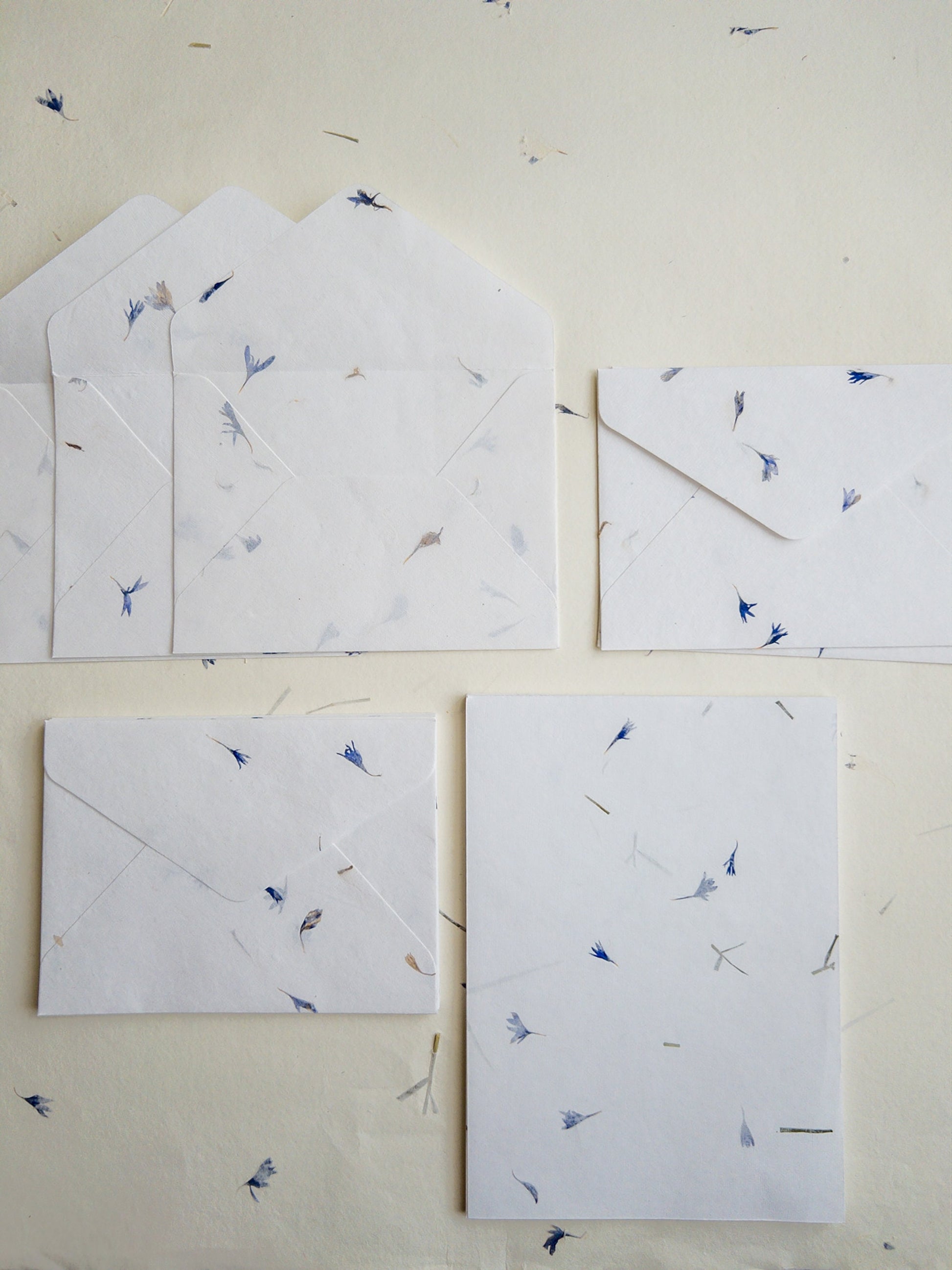 SET OF FIVE Handmade Paper with Envelop, Corn Flower, real pressed flower A5 & A6 paper, Papier le bleuet, inkjet paper, Papier Fait Main