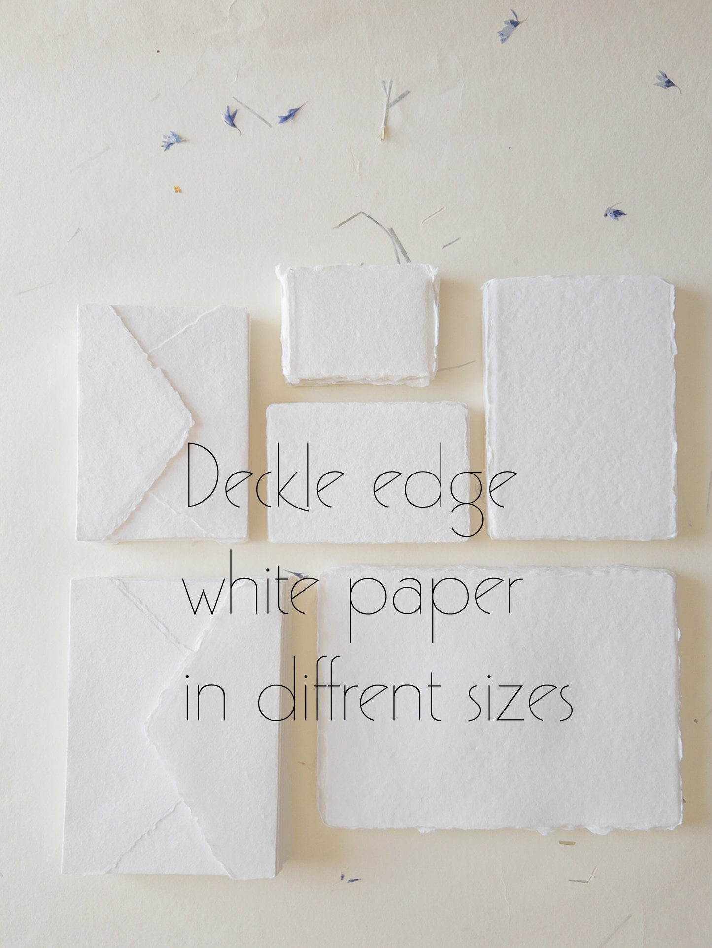 Pack of 100 Assorted sizes WHITE DECKLE EDGE Paper, multiple sizes Handmade paper and envelope, Handmade Cotton Rag Envelopes, papier coton