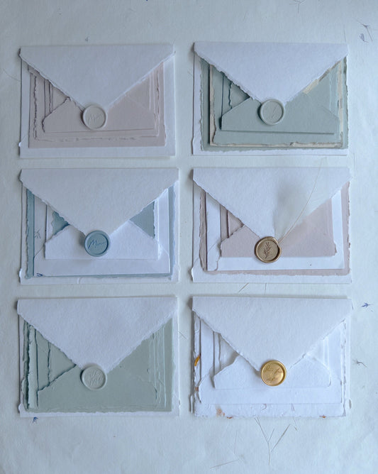 Set of 10 A6, 5x7 paper multiple color Handmade Deckle Edge Paper and envelope, 4 BAR Paper, Handmade Cotton Rag Envelopes, papier coton