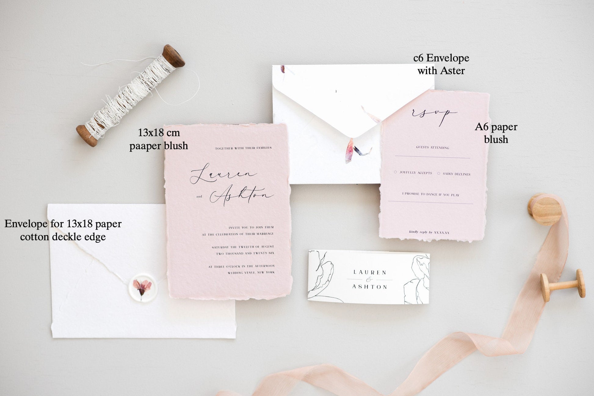 Invitation set paper A6, 5X7 inch multiple color Handmade Deckle Edge Paper and envelope print at home, wedding invitation, papier cotton