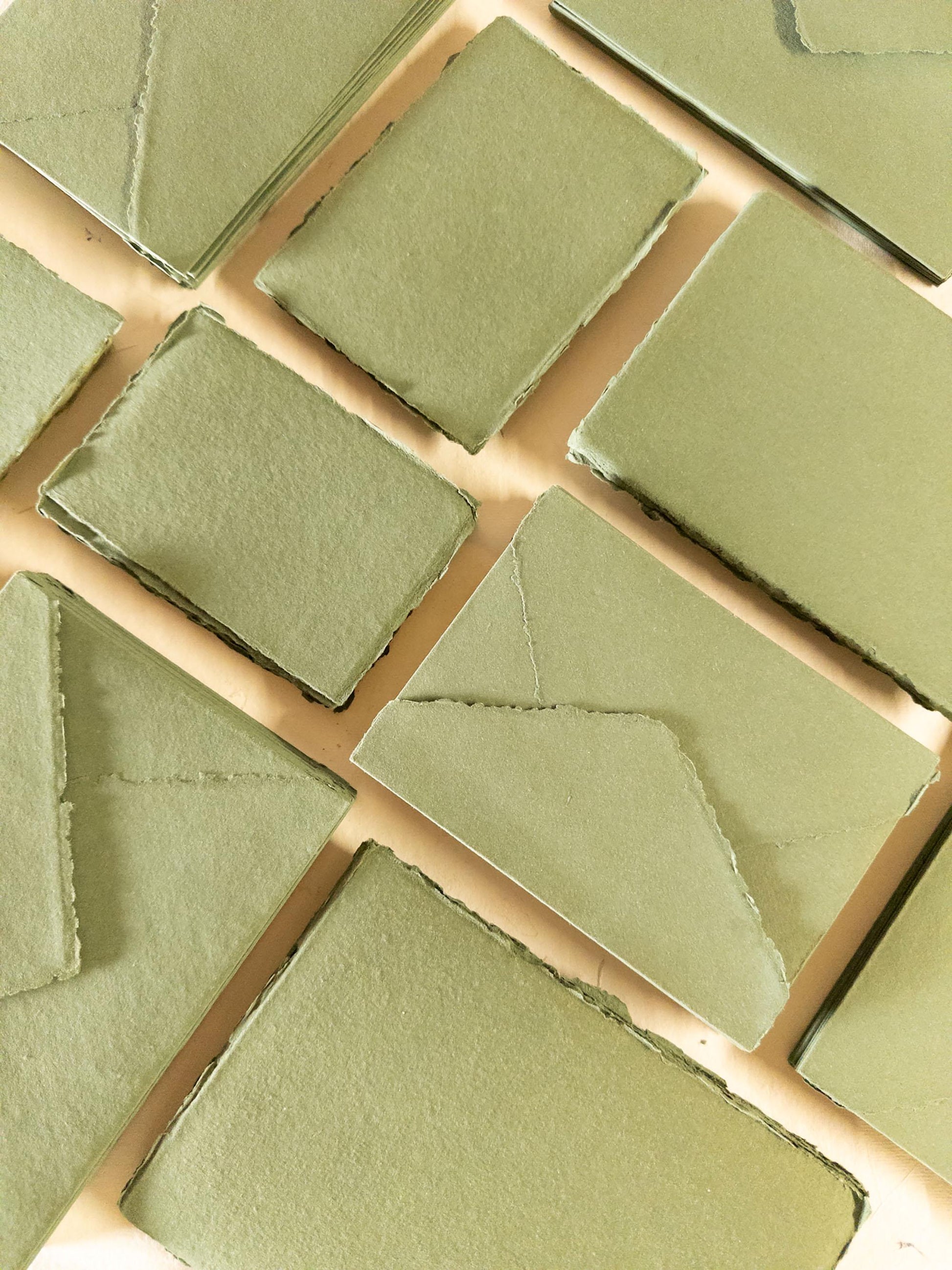 Pack of 10 Olive Green Deckle Edge Paper and Handmade Cotton Rag Envelopes - Assorted Sizes