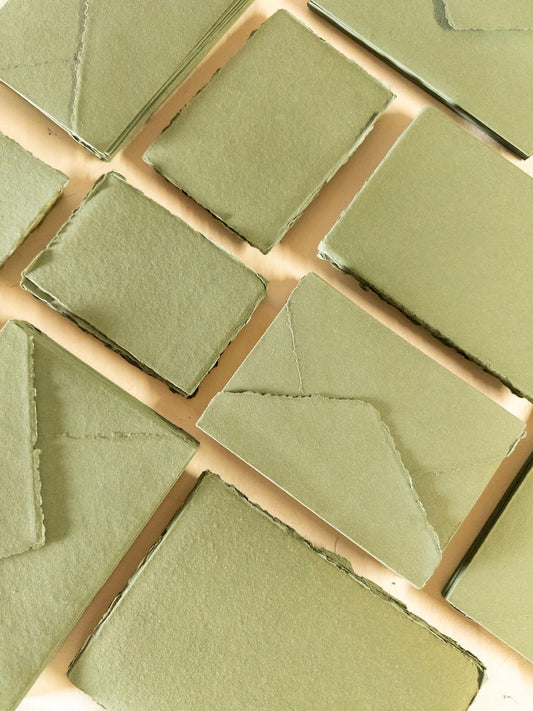 Pack of 10 Olive Green Deckle Edge Paper and Handmade Cotton Rag Envelopes - Assorted Sizes