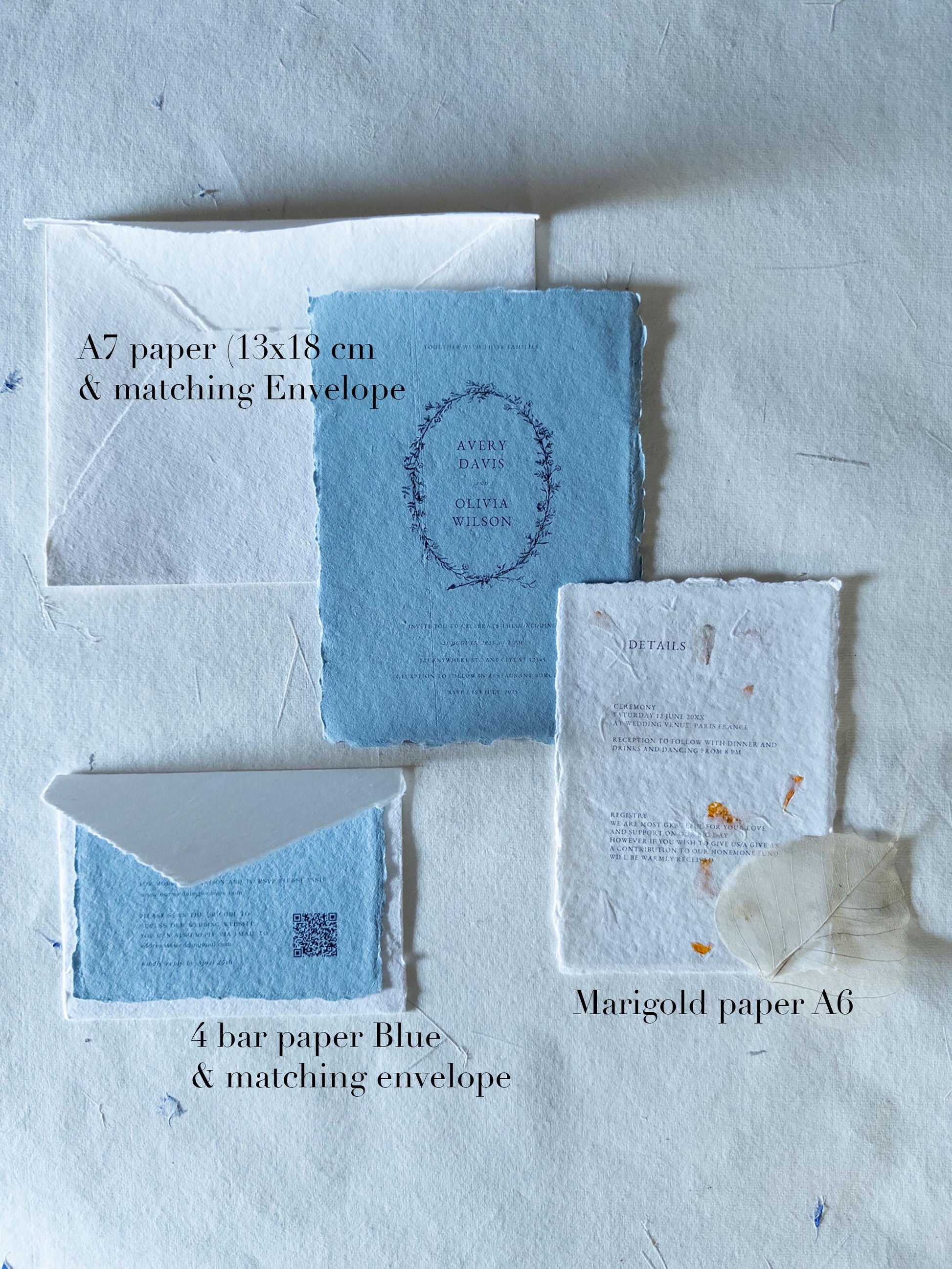 Invitation set , 5x7 inch paper, dusty blue multiple color Handmade Deckle Edge Paper and envelope, Handmade Cotton Envelopes, papier coton