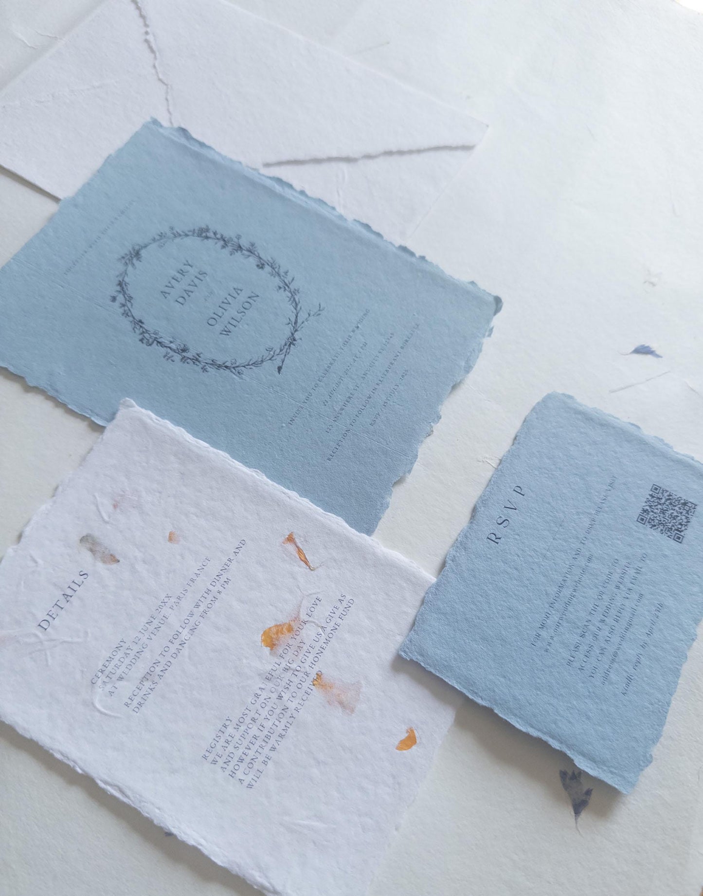 Invitation set , 5x7 inch paper, dusty blue multiple color Handmade Deckle Edge Paper and envelope, Handmade Cotton Envelopes, papier coton