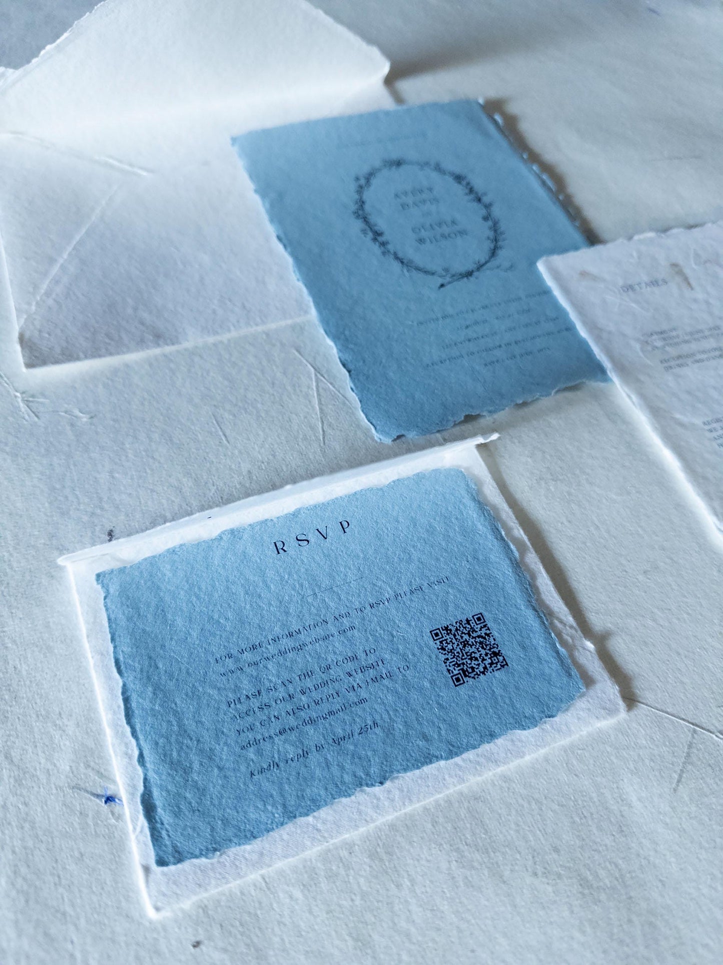 Invitation set , 5x7 inch paper, dusty blue multiple color Handmade Deckle Edge Paper and envelope, Handmade Cotton Envelopes, papier coton