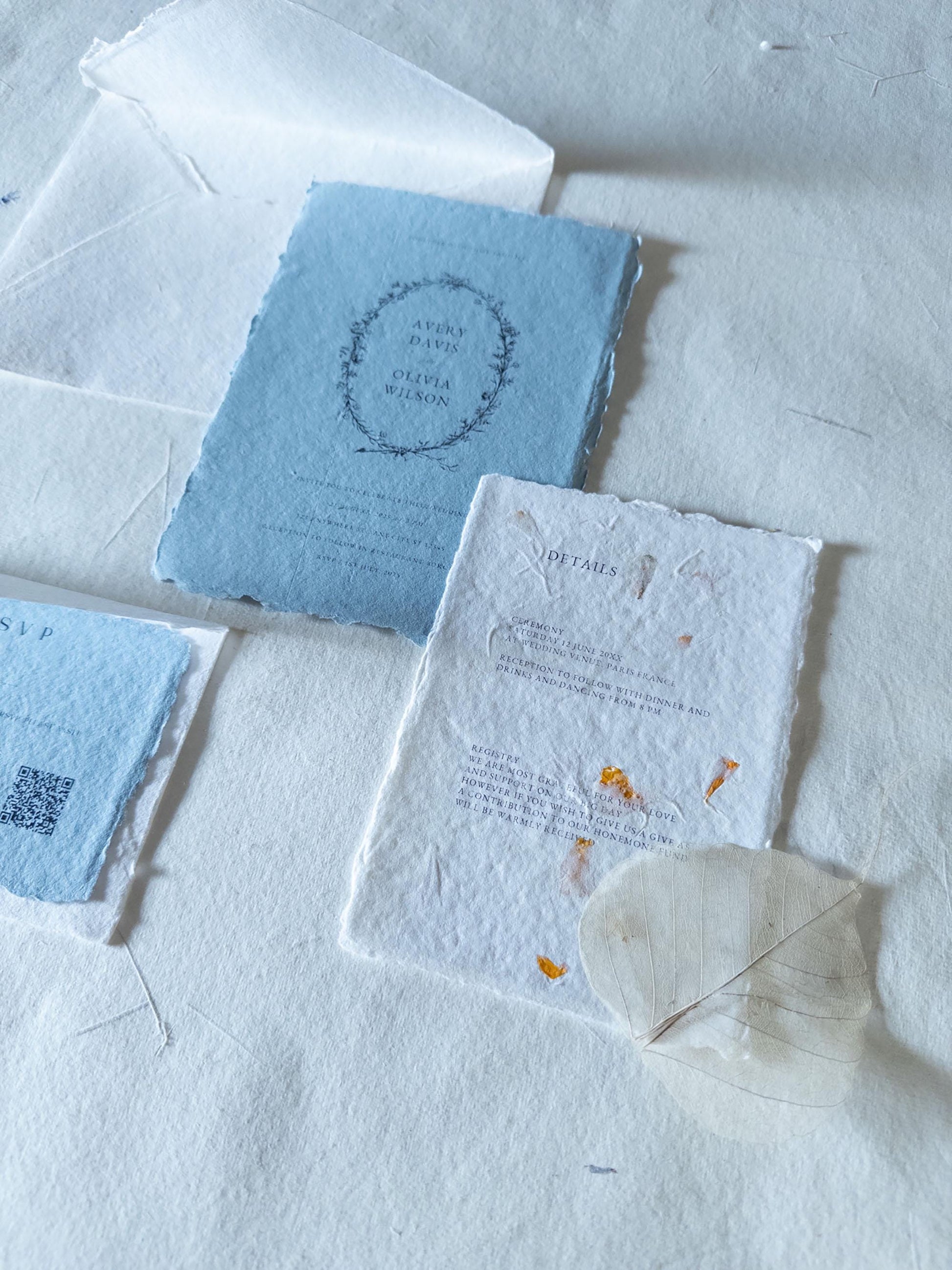 Invitation set , 5x7 inch paper, dusty blue multiple color Handmade Deckle Edge Paper and envelope, Handmade Cotton Envelopes, papier coton