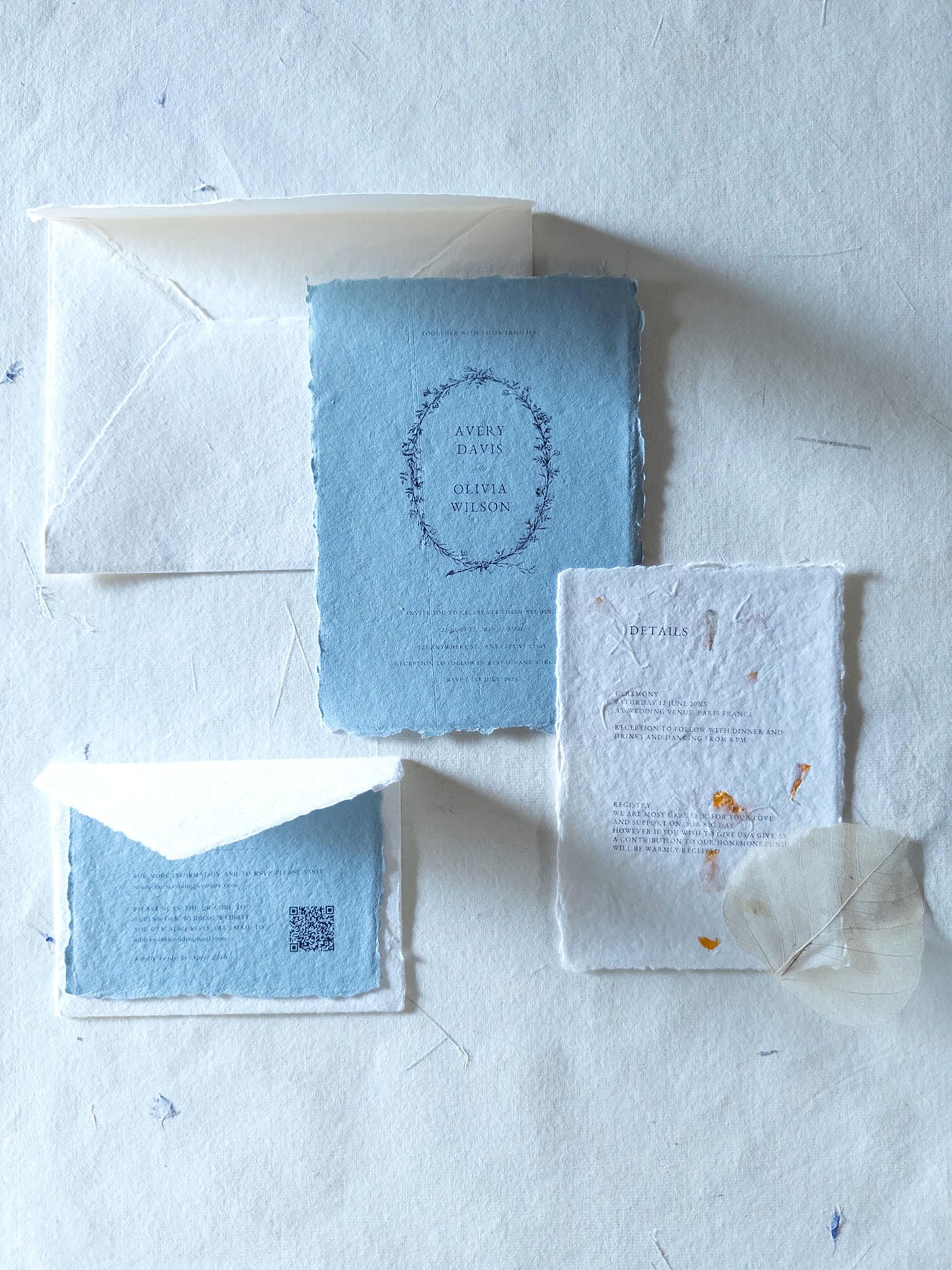 Invitation set , 5x7 inch paper, dusty blue multiple color Handmade Deckle Edge Paper and envelope, Handmade Cotton Envelopes, papier coton