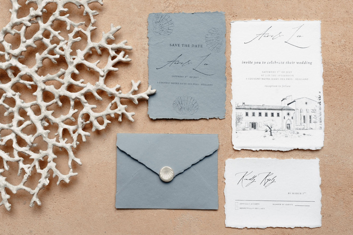 Sea Beach Theme Wedding Invitation Set A6 or 5x7 Handmade Deckle Edge Cotton Paper and Envelope Multiple Colors Print at Home Invitation Set