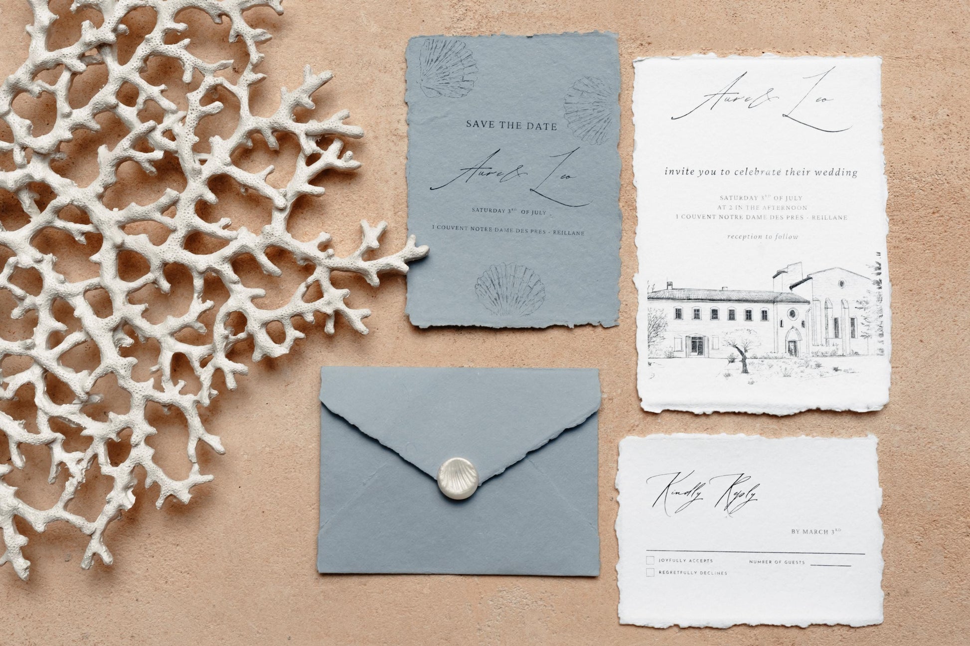 Sea Beach Theme Wedding Invitation Set A6 or 5x7 Handmade Deckle Edge Cotton Paper and Envelope Multiple Colors Print at Home Invitation Set