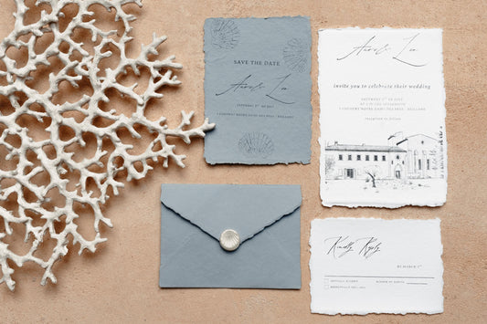 Sea Beach Theme Wedding Invitation Set A6 or 5x7 Handmade Deckle Edge Cotton Paper and Envelope Multiple Colors Print at Home Invitation Set